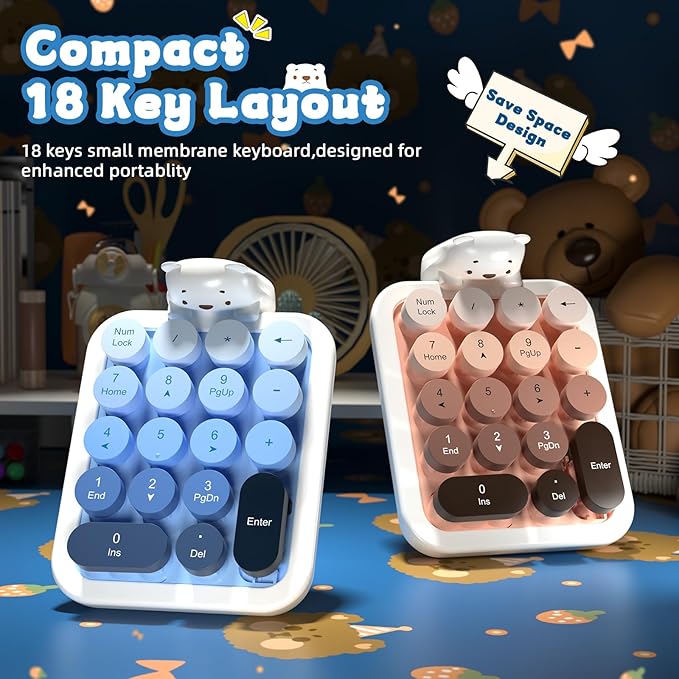 FELICON Cute Wireless Numeric Keypad with Silicon Bear,18-Key Colorful Round Keycaps,Ergonomic,2.4G Wireless Connection,Portable Financial Accounting Numpad Membrane Keyboard for PC,Laptop(Milk Blue)
