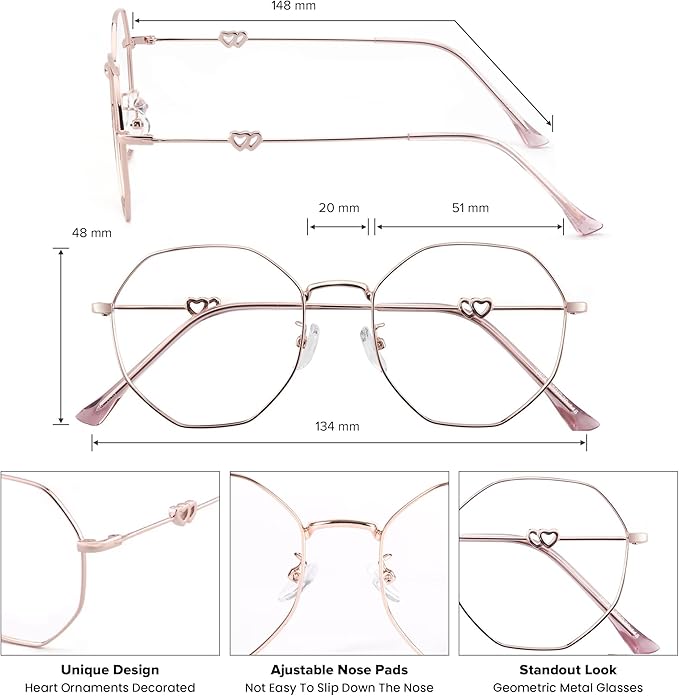 GUDVUE Blue Light Glasses, Computer/Gaming/TV/Phones Glasses for Women/men, Anti Glare/UV400/Eye Strain, Polygon Rose Gold