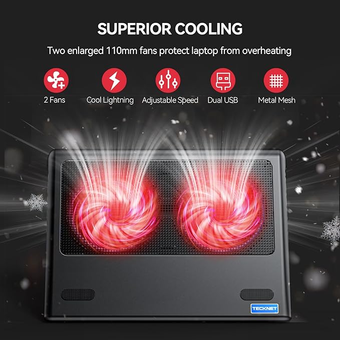 TECKNET Laptop Cooling Pad - 12"-15.6" Laptops Cooler, Powerful Cooler and Ultra Quiet for Gaming Laptops Pad, 2 Wind Speed Adjustable, USB A & C Powered Cooler Stand with Laptop Fan LED (Red)