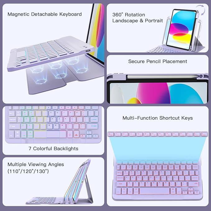 for iPad 11th(A16, 2025)/10th Generation Case with Keyboard, 360° Rotatable Case & Detachable Backlit Keyboard, Precision Cutouts and Pen Holder for iPad A16 11''/10th 10.9'', Purple