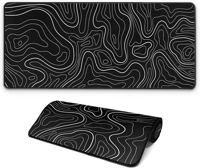 Large Computer Mouse Pad with Non-Slip Base for Desktop, Cute Gaming Mouse Mat with Stitched Edges, Long Extended Anime Mousepad for Laptop, 31.5 x 11.8 inches (Black Topographic Map)
