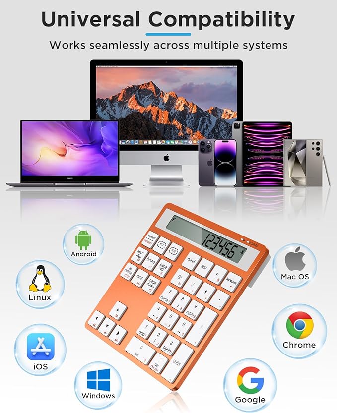 HoRiMe Number Pad for Laptop - Rechargeable Wireless Number Keypad 34 Keys with Dual Bluetooth, 2 in 1 Numeric Keypad Calculator with Display - Portable Slim Numpad for Windows, Mac, iMac, PC, Tablet