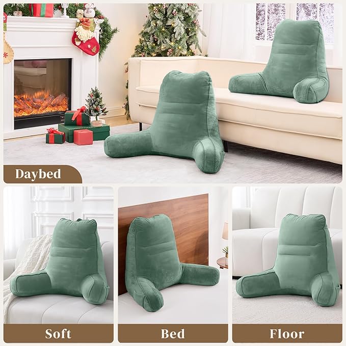 Sasttie Reading Pillow for Bed - 23 Inch, Back Pillow for Bed Sitting Up, Back-Rest Support Cushion with Side Pockets and Arms, Dorm Essentials, Oeko-Tex Certified, Sage