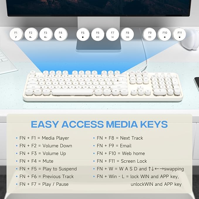 Computer Keyboard Wired, Plug Play USB Retro Round Typewriter Keyboard, Full Size Wired Keyboard with Foldable Stands for Laptop and Office PC