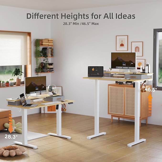Seang Electric Standing Desk with 2 Drawers, Adjustable Standing Desk with Storage Shelf, Height Adjustable Stand up Desk for Home Office with 3 Presets & 2 Hooks,55 Inch, Natural