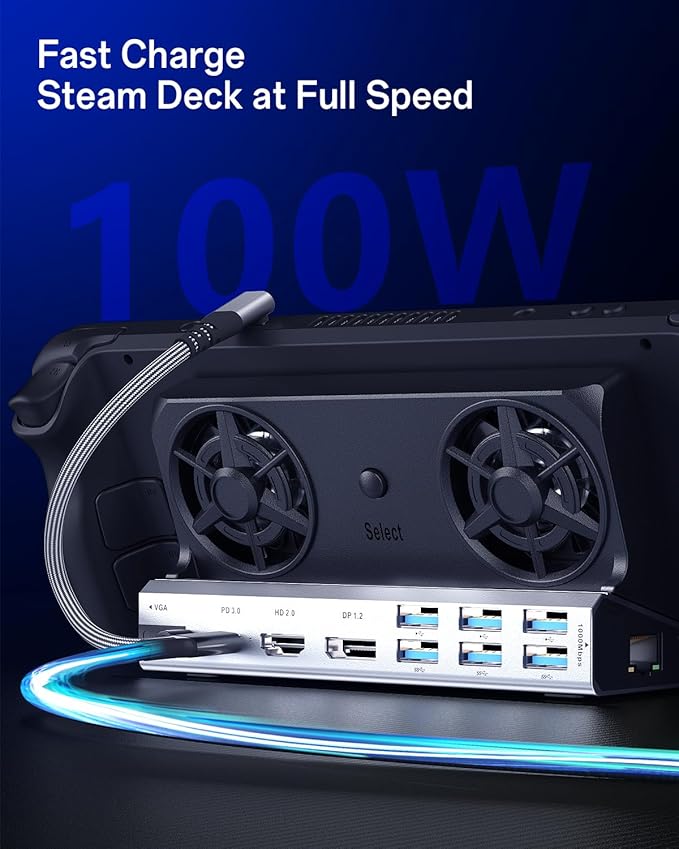 Dual Cooling Fans Multi Monitor 14 in 1 Steam Deck Docking Station with 4K@60 Hz,DP1.2,VGA 1080P 6 USB A,1000Mbps,Type C 100W PD, 40Gbps Adapter for Steam Deck/Rog Ally/Switch/Legion Go