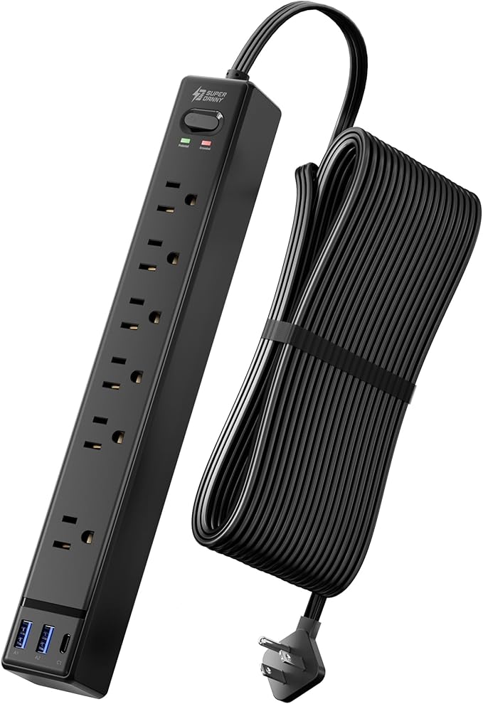 Black Long Extension Cord 20Ft, SUPERDANNY Flat Plug Surge Protector Power Strip with 6 Outlets & 3 USB Ports, Power Bar for Home Office, Dorm Room