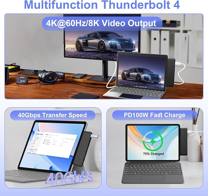 Surface Pro 12 USB Hub Adapter, Docking Station with 4K HDMI, USB-C Thunderbolt 4 (Display+Data+100W PD), 2 USB 3.0, 3.5mm Audio, SD/TF Card Slot, Accessories for Surface Pro 12 inch 2025