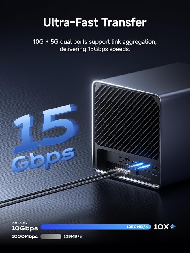 MINISFORUM Desktop NAS N5 Pro 5 Bay, AMD Ryzen AI 9 HX PRO 370(12C/24T),96GB ECC DDR5,128GB SSD,1*10Gbe,1*5Gbe,2*USB4(8K),8K HDMI,1xM.2 Slot & 2xU.2/M.2 Slots up to 188TB, Network Attached Storage