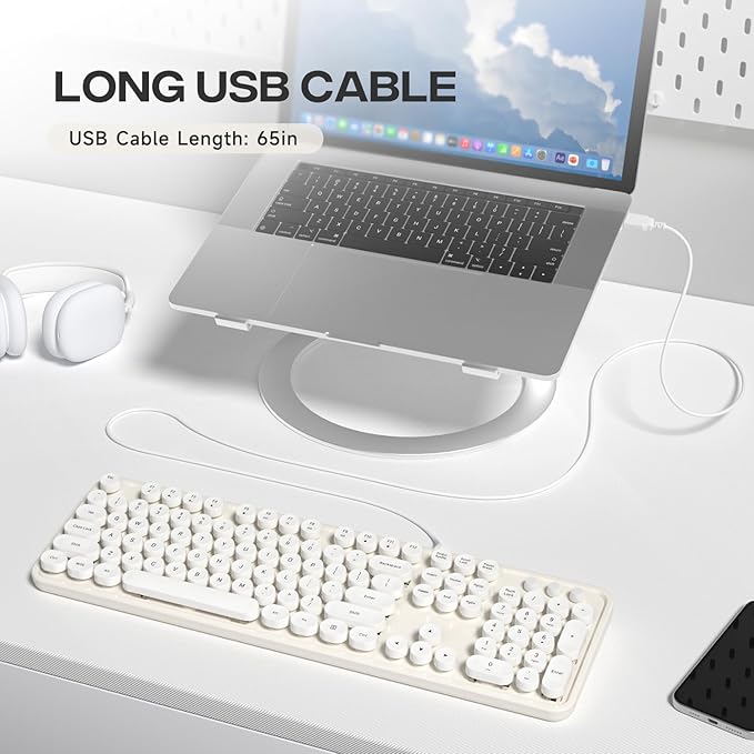 Computer Keyboard Wired, Plug Play USB Retro Round Typewriter Keyboard, Full Size Wired Keyboard with Foldable Stands for Laptop and Office PC