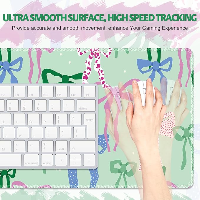 Cute Desk Pad Mouse Pad, Large Gaming Mouse Mat with Stitched Edges, Non-Slip Waterproof Rubber Base Mous Mat for Office Computer Keyboard Laptop Home Decor Women Girl (35.4X17.5 in), Green Pink Bows
