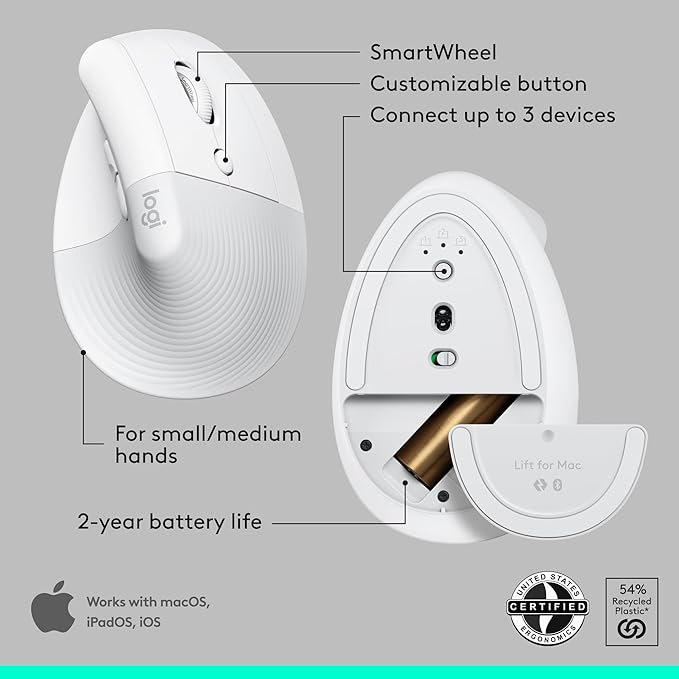 Logitech Wave Keys for Mac + Lift Vertical Mouse for Mac, Wireless Ergonomic Keyboard and Mouse Combo, Cushioned Palm Rest, Bluetooth, Optimized for macOS/iPadOS/MacBook/iMac/iPad - Off White