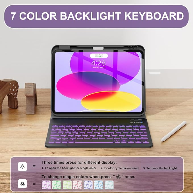 Soke for iPad (A16) 11th/10th Generation Case with Keyboard(2025/2022)-7 Color Backlight Wireless Detachable Folio Keyboard Cover with Built-in Pencil Holder for iPad 11/10.9 inch, Purple Marble