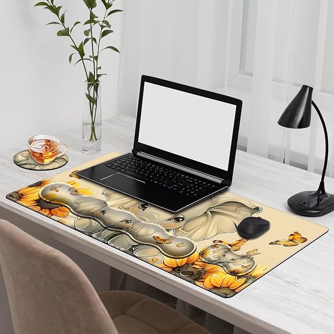 Gaming Mouse Pad Set, Cute Elephant Large Desk Mat Mousepad, Keyboard Wrist Support, Mouse Wrist Rest, Coaster 4in1 Ergonomic Memory Foam, Non-Slip Stitched Edge for Home Office