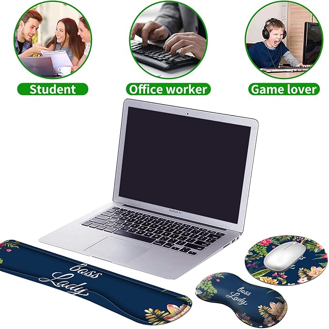Ergonomic Keyboard Wrist Rests Gel Memory Foam Mouse Pad with Round Mousepad + Coasters, Wrist Support Set with Non Slip Base for Gaming Office Laptop Easy Typing & Pain Relief, Floral Boss Lady