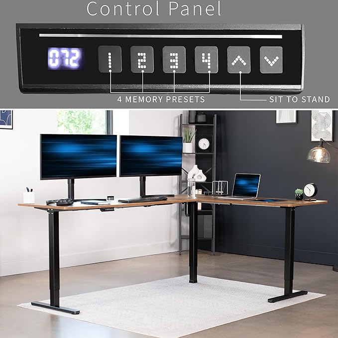 VIVO Corner Standing Desk, 84 x 63 inch Reversible L-Shaped Workstation, Electric Height Adjustment, Home, Office, and Reception Rooms, Rustic Vintage Brown Table Top Black Frame, DESK-E3CTBN-84