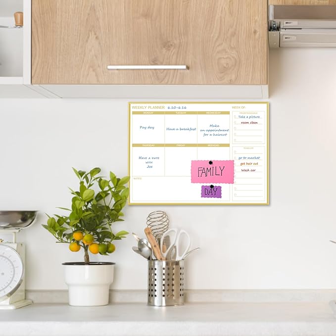 Dry Erase White Board Weekly Calendar Board, Magnetic Whiteboard for Wall,Gold Aluminum Frame Message Board,Horizontal,10.5“x14.5, Planner Board for Office, Home, Schooll(Weekly-BB-Gold-2737-L)