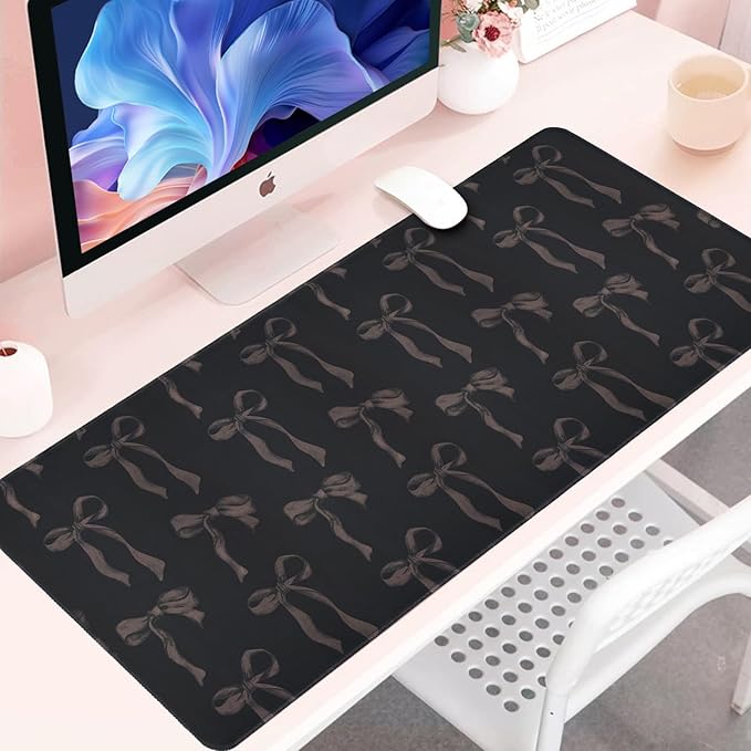 Cute Black Desk Mat with Bows, Black Bow Mouse Pad Keyboard Mat for Computer Laptop Non-Slip Rubber Base, Large Girly Computer Pad Desktop Décor Bow Office Accessories for Teen Girl Women 31.5 x 11.8