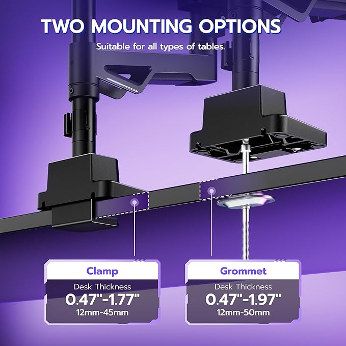 ARES WING Premium Monitor Arm, Ultrawide Monitor Stand up to 57'' and 60 Lbs per Screen, Heavy Duty Gas Sprinq Dual Monitor Mount Adjustable Arms with USB, Various VESA Mount with Clamp/Grommet Base