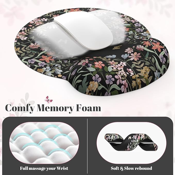 iLeadon Floral Desk Cover Mat Cute, Ergonomic Mouse Pad and Keyboard Wrist Rest, Smooth Mouse Pad Set, Non Slip Scalloped Desk Pad Mat for Keyboard and Mouse Set Women Aesthetics(Black)