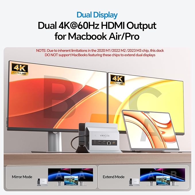 MacBook Docking Station Dual Monitor, Vertical Mac Laptop Docking Station Dock Stand with 2 HDMI 4K@60Hz, USB A/C 10Gbps, PD, Ethernet, USB 2.0, SD/TF, Compatible with MacBook Pro Air M3 M4 M5
