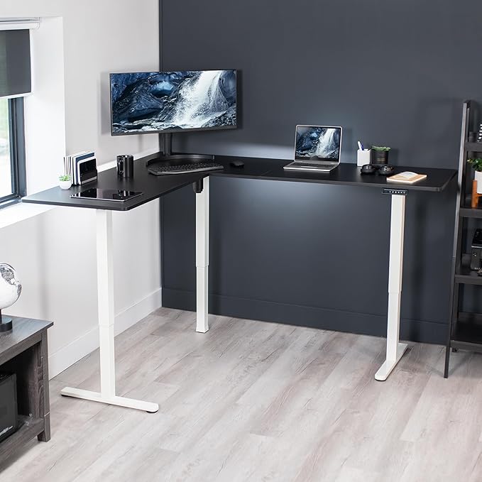 VIVO Corner Standing Desk, 75 x 63 inch Reversible L-Shaped Workstation, Electric Height Adjustment, Home, Office, and Reception Rooms, Black Table Top White Frame, DESK-E3CTWB-75