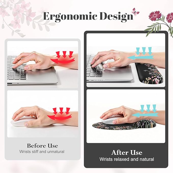 iLeadon Floral Desk Cover Mat Cute, Ergonomic Mouse Pad and Keyboard Wrist Rest, Smooth Mouse Pad Set, Non Slip Scalloped Desk Pad Mat for Keyboard and Mouse Set Women Aesthetics(Black)