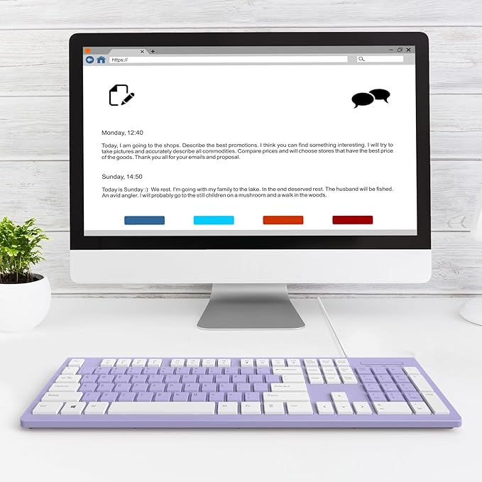 Wired Keyboard, Ultra-Thin USB Wired Computer Keyboard, Low-Profile Keys, Spill-Resistant, Multimedia Keys, Compatible with Windows, Mac, Chrome, Linux, and Android-Purple