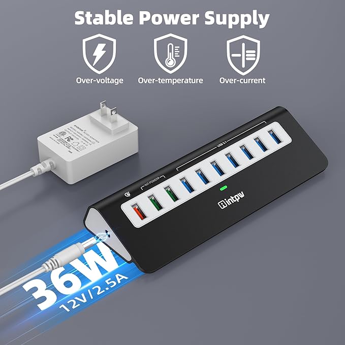 Powered USB Hub 10Gbps, 10 Port USB 3.2 Gen 2 Hub with 7 USB 3.2 Data Ports, 3 Fast Charging Ports, 36W Power Adapter, Type A and Type C Cable, Aluminum USB Data Hub for Mac, PC, Laptop