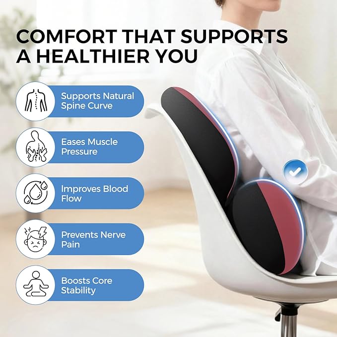 BEBAS Lumbar Support Pillow for Car, Ergonomic Memory Foam Back Cushion for Driving, Lower Back Support for Pain Relief, Lumbar Cushion for Car Seats, Office Chairs, Wheelchairs - Red