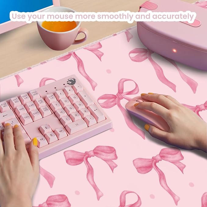 Pink Desk Mat with Bows, Cute Bow Mouse Pad for Computer Laptop Non-Slip Rubber Base Gaming Keyboard Pad, Large Office Mat Girly Office Supplies Desktop Accessories for Teen Girls Women 23.6 x 11.8in