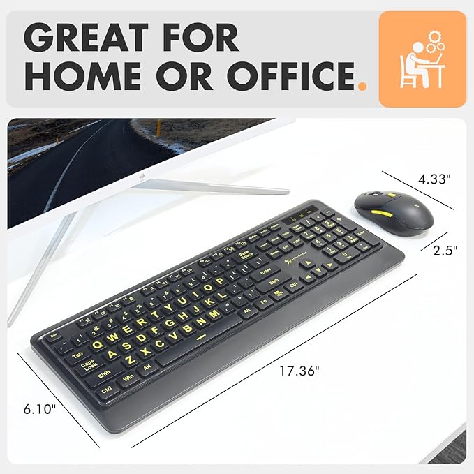 X9 Performance Large Print Wireless Keyboard and Mouse Combo - Easy to See Yellow Letters for Seniors and Low Vision Users - 2.4Ghz Wireless Mouse and Keyboard Combo for PC