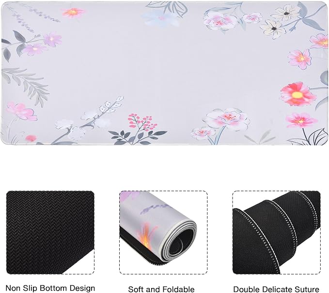 MEGREZ 4-in-1 Ergonomic Memory Foam Wrist Rest Set, Desk Pad, Mouse Pad with Wrist Rest, Keyboard Pad, Suitable for Office Workers, Programmers & Gamers–Relieve Typing & Gaming Fatigue, Pink Flower