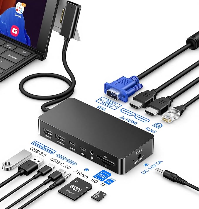 Surface Pro Docking Station - Triple Display with Dual HDMI 4K, VGA, 2X USB-C, 2X USB 3.0, Ethernet, SD/TF Card Reader & 3.5mm Audio for Surface Pro 11/10/9, Surface Laptop, Book, Go