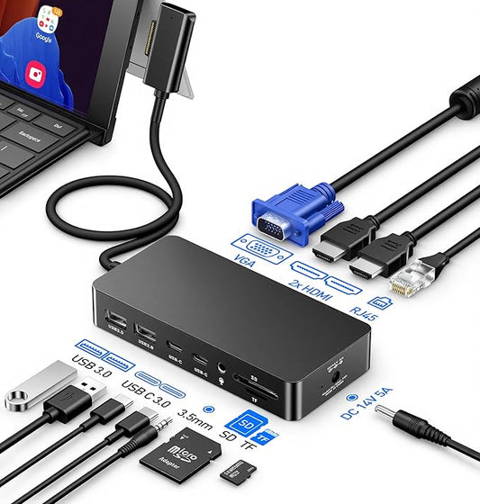 Surface Pro Docking Station - Triple Display with Dual HDMI 4K, VGA, 2X USB-C, 2X USB 3.0, Ethernet, SD/TF Card Reader & 3.5mm Audio for Surface Pro 11/10/9, Surface Laptop, Book, Go