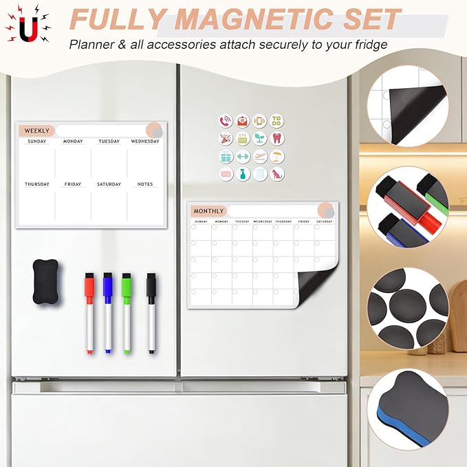 ARVOK 2 Pack A3 Magnetic Calendar for Refrigerator - 16.5"x11.6" Reusable Weekly & Monthly Planner Dry Erase Fridge Calendar Whiteboard with 4 Markers, 16 Magnets & Eraser for Family Schedule, Meal Menu, To-Do List