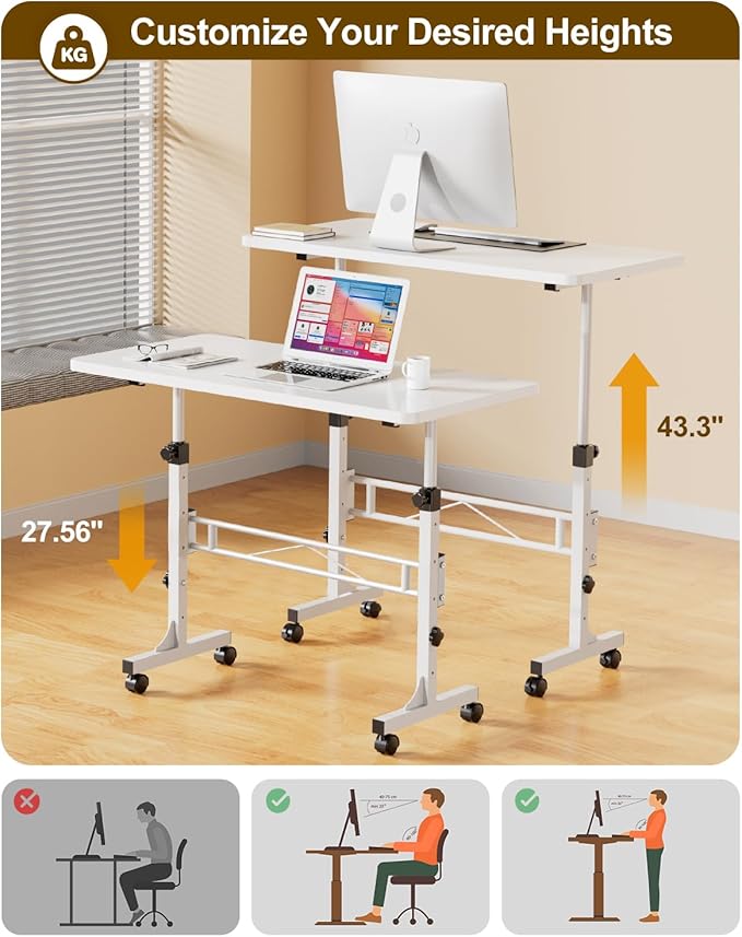 Small Standing Desk Adjustable Height, Mobile Stand Up Desk with Wheels, 32 Inch Portable Rolling Desks Conference Room Tables for Walking Pad Treadmill White
