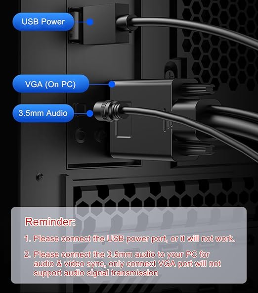 VGA to HDMI Adapter Cable 6FT/2 Pack with USB Power and 3.5mm Audio, 1080P@60Hz PC VGA Source Output to TV/Monitor with HDMI Connector, Male to Male for Computer Desktop Laptop Monitor Projector