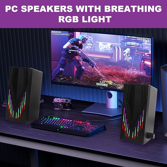 Black Wired Computer Speakers, USB Powered Gaming Speakers with Zero-Lag Audio, Dynamic RGB Lighting, 3.5mm Aux Cable for PC Desktop Monitor Laptop Tablet