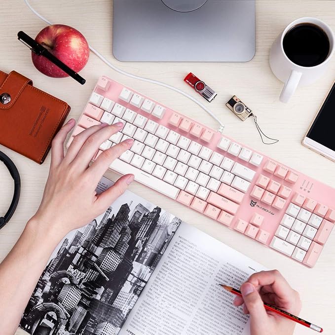 104 Keys Full Size Mechanical Keyboard | Brown Switch, Pink & White Color 104 Keys US Layout Led Backlit Hot Swappable Wired Mechanical Light Up Pink Keyboard | Wired Gaming Computer Keyboards