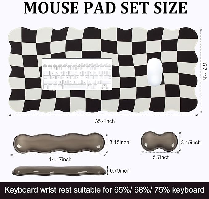 L-SPOUTTO Black Checkered Mouse Pad Set,Scalloped XXL Desk Mat + Ergonomic Mouse Wrist Rest + Gel Keyboard Wrist Rest for Keyboard 65%/75%,3in1 Large Desk Pad for Desktop Home Office Computer Game