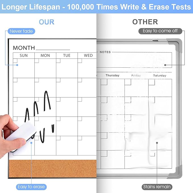 ARCOBIS Dry Erase Calendar with Cork Board for Wall, 24"x 18" Magnetic Calendar Whiteboard with Black Frame, Monthly Combination Board for School, Home, Office