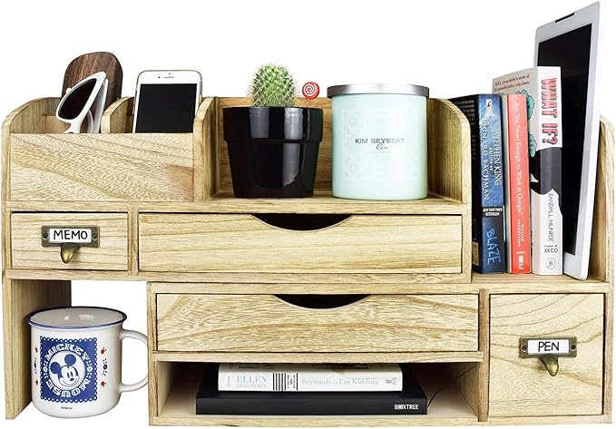 Ikee Design Large Extendable Wooden Desktop Organizer For Office Supplies, Storage Shelf Rack Book Shelf, Stationary Compartment Holder, Back to School, 17 1/4 W x 7 1/2 D x 12 H in