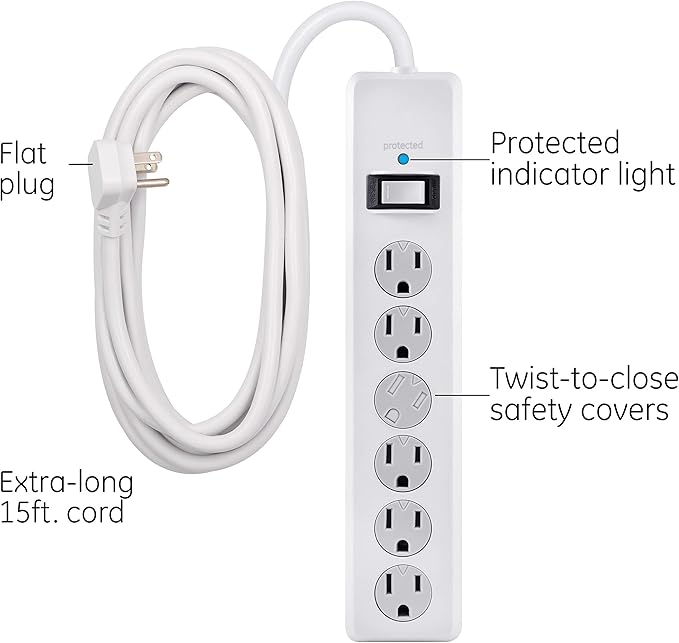 GE home electrical GE 6-Outlet Surge Protector, 4 Pack, 15 Ft Extension Cord, Power Strip, 800 Joules, Flat Plug, Twist-to-Close Safety Covers, Protected Indicator Light, UL Listed, White, 54651