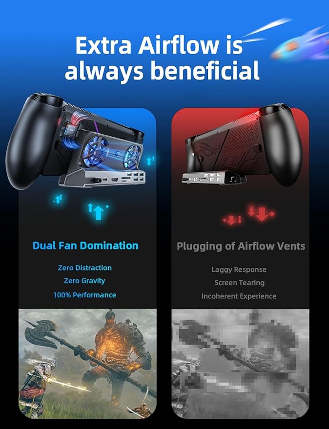 LISEN 10-IN-1 Docking Station for Steam Deck OLED&ROG Ally X&Legion Go, Dual Cooling Fan 5 USB Ports and 4K@60Hz, 100W Charging Port Support ROG Ally 30W Mode, Gigabit Ethernet Fit for Steam Deck OLED