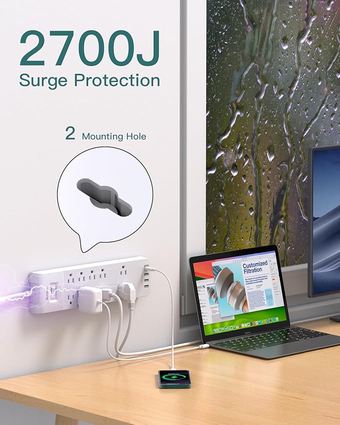 12FT Long Power Strip Surge Protector, Addtam Surge Protector with 10 Outlets and 4 USB Ports, Extension Cord with Flat Plug, 2700 Joules, White