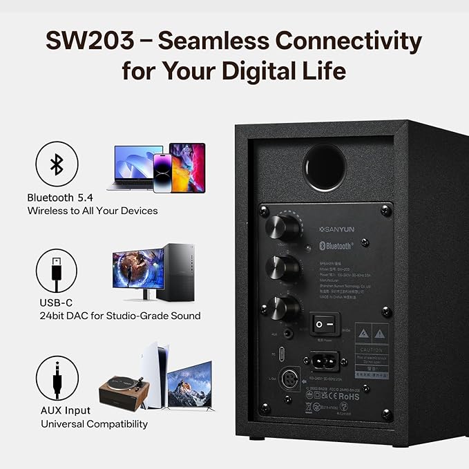 Sanyun SW203 4.0 Computer Speakers - 60W 4-Way DSP Control 3D Immersive Sound - 3" Carbon Fiber Woofer & 20mm Silk Dome Tweeter - 24bit DAC USB/Bluetooth 5.4/AUX - Studio-Grade Audio (Pair, Black)