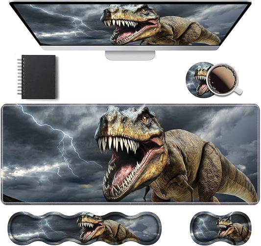 Ergonomic Keyboard Wrist Rest & Mouse Pad Wrist Rest Set, Large XXL Gaming Desk Mat 31.5"x 11.8" with Memory Foam, Easy Typing Pain Relief for Office & Home, Dinosaur