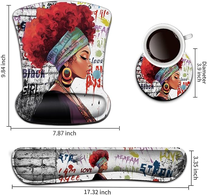 Keyboard Wrist Rest Pad and Ergonomic Mouse Pad Wrist Support Set African Woman Graffiti Girls with Red Hair for Gaming, Office, Comfortable and Pain Relief with Coaster Set