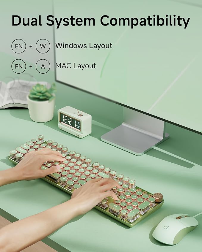 EWEADN Wired Typewriter Keyboard and Mouse Combo, Typewriter Style Mechanical Gaming Keyboard,104 Keys Backlit LED Keyboards, Media Control Knob, Wired Keyboard Pink Switch for Windows/Mac/PC-Green